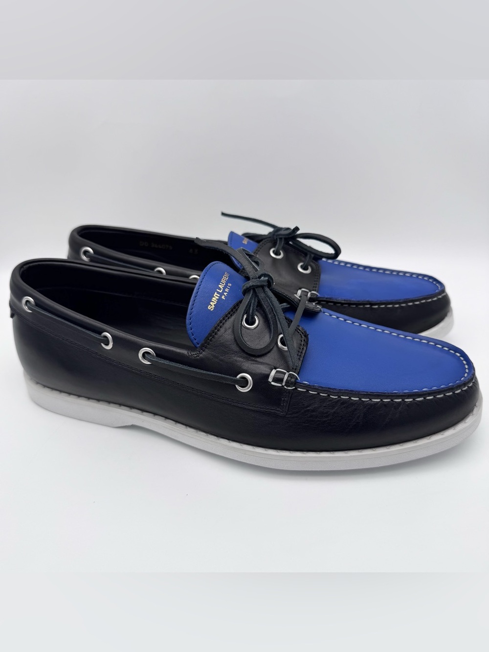 Saint Laurent Leather Boat Shoes Black Royal Blue Men's EU 43 US 10